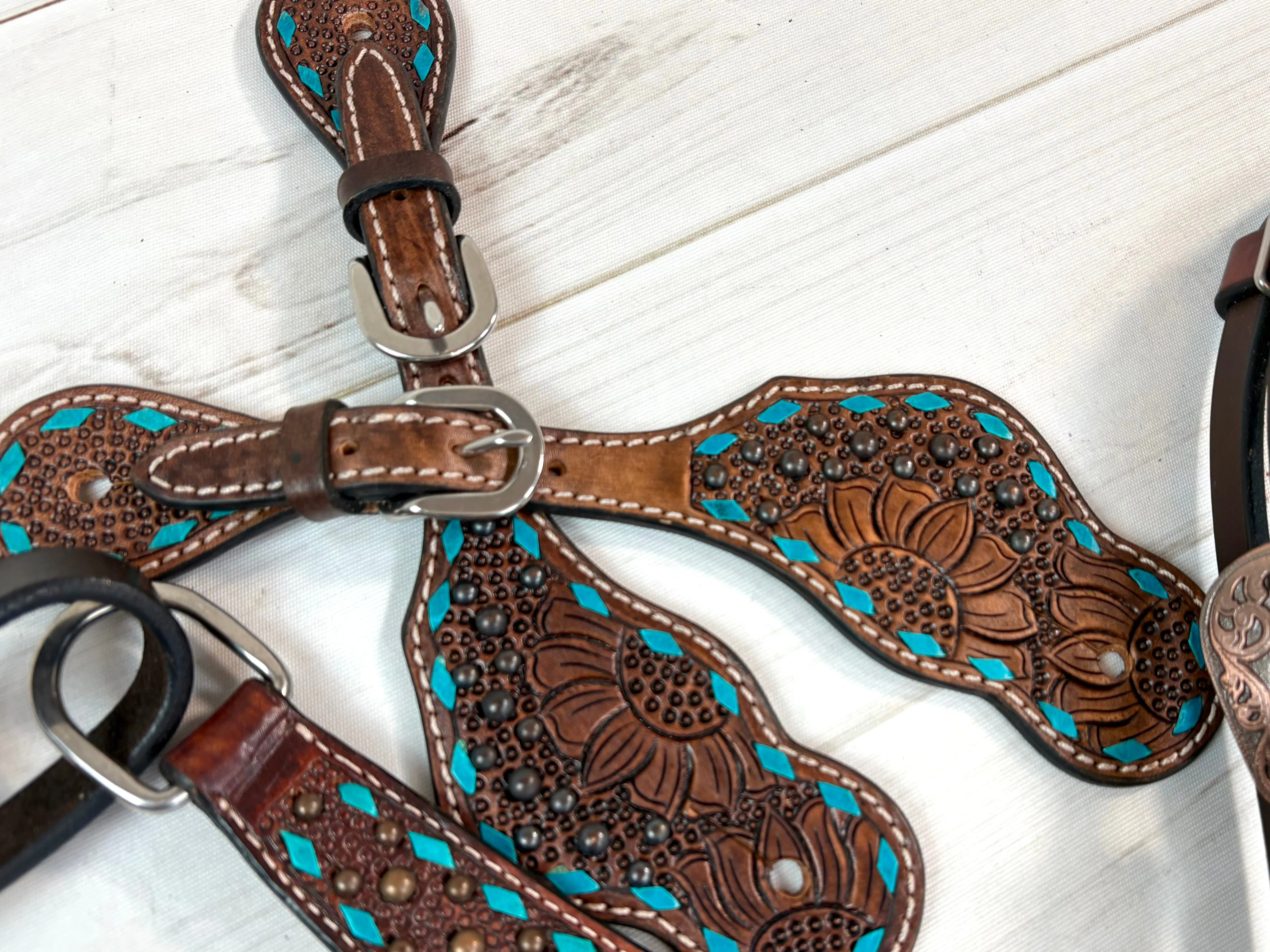 Turquoise Buckstitch Dark Sunflower Tooled Leather Spur Straps