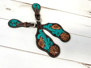 Turquoise Scroll Dark Leather Spur Straps