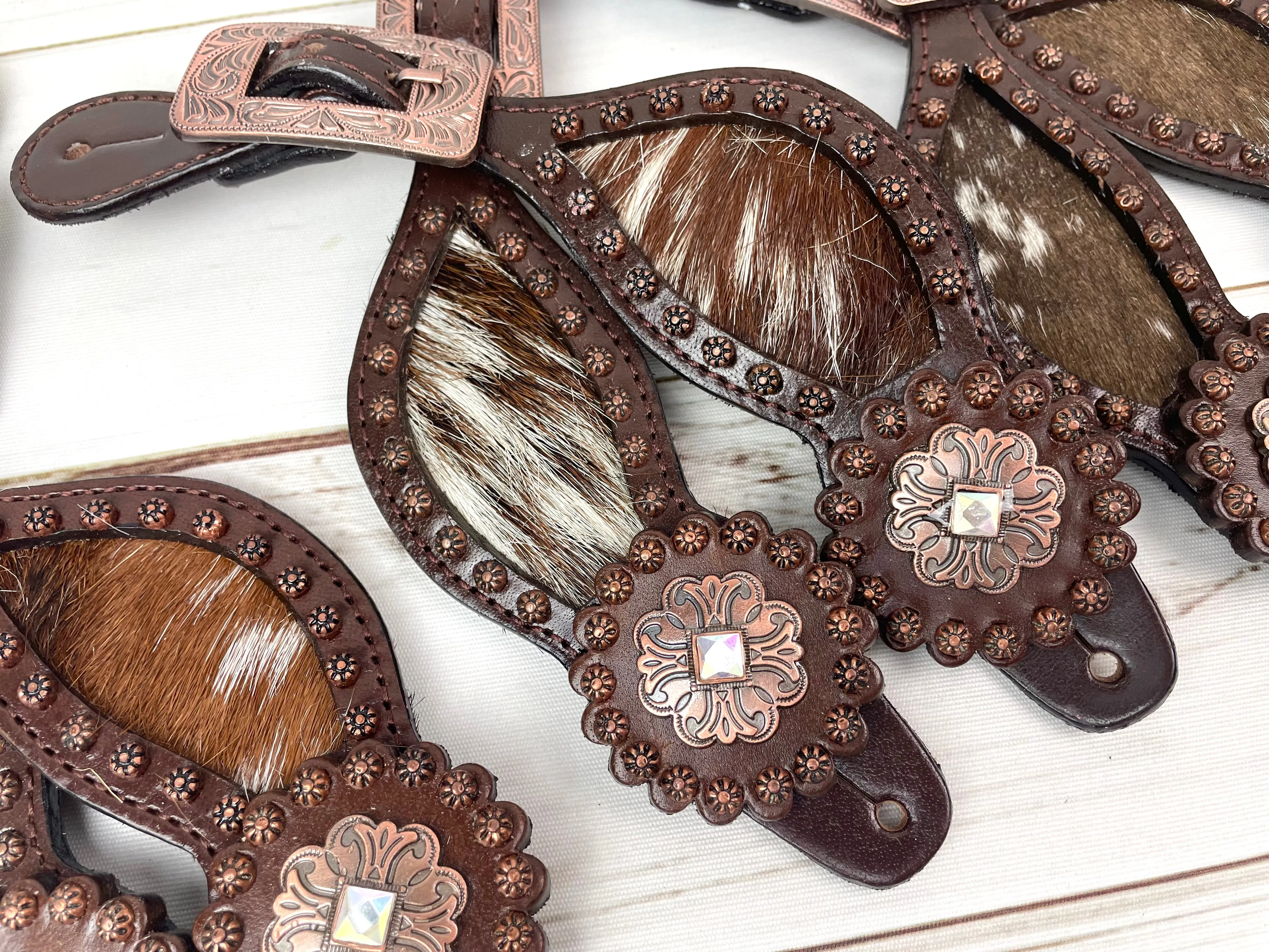 Vintage Copper Concho Leather and Cowhide Spur Straps
