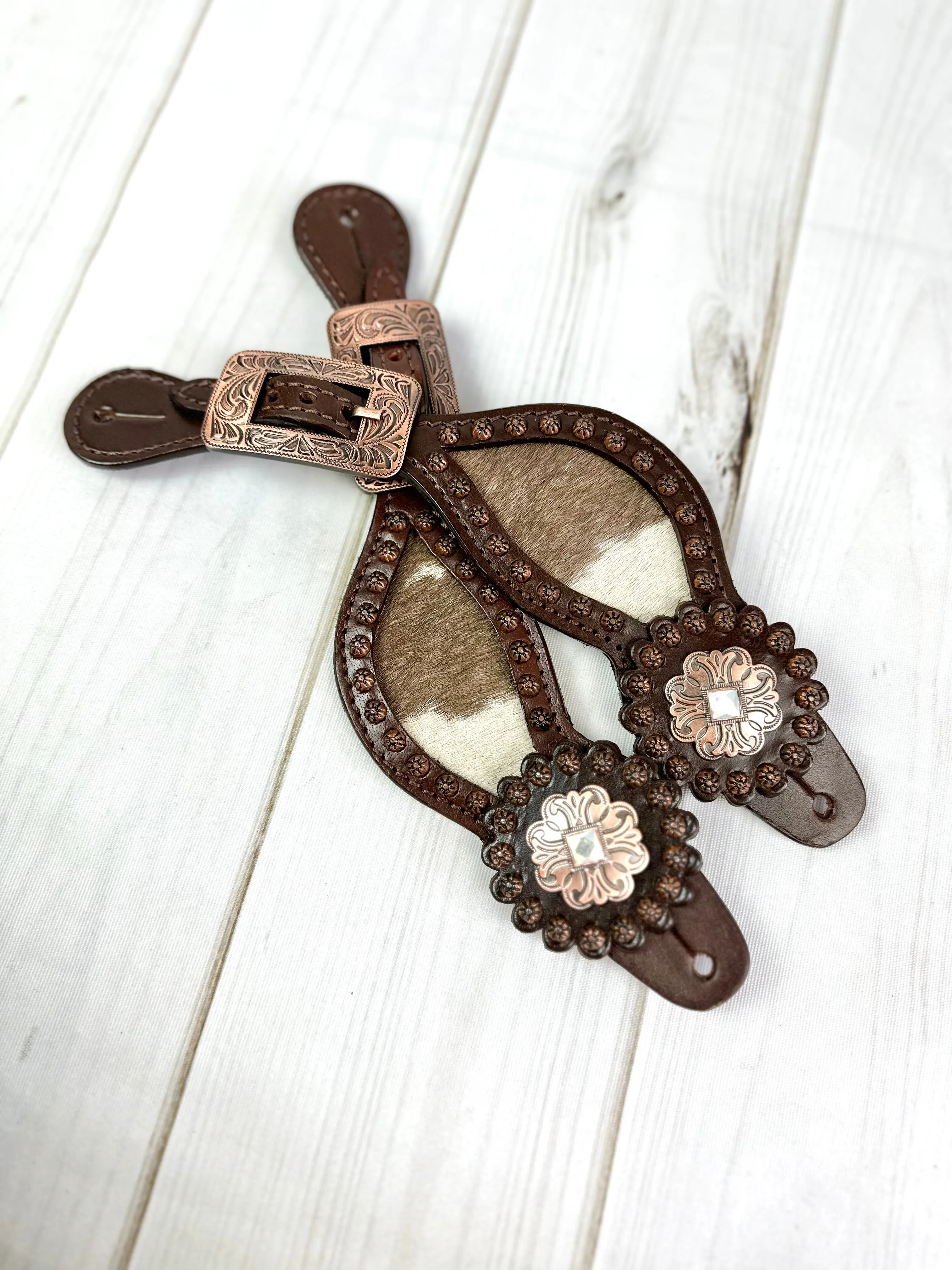 Vintage Copper Concho Leather and Cowhide Spur Straps