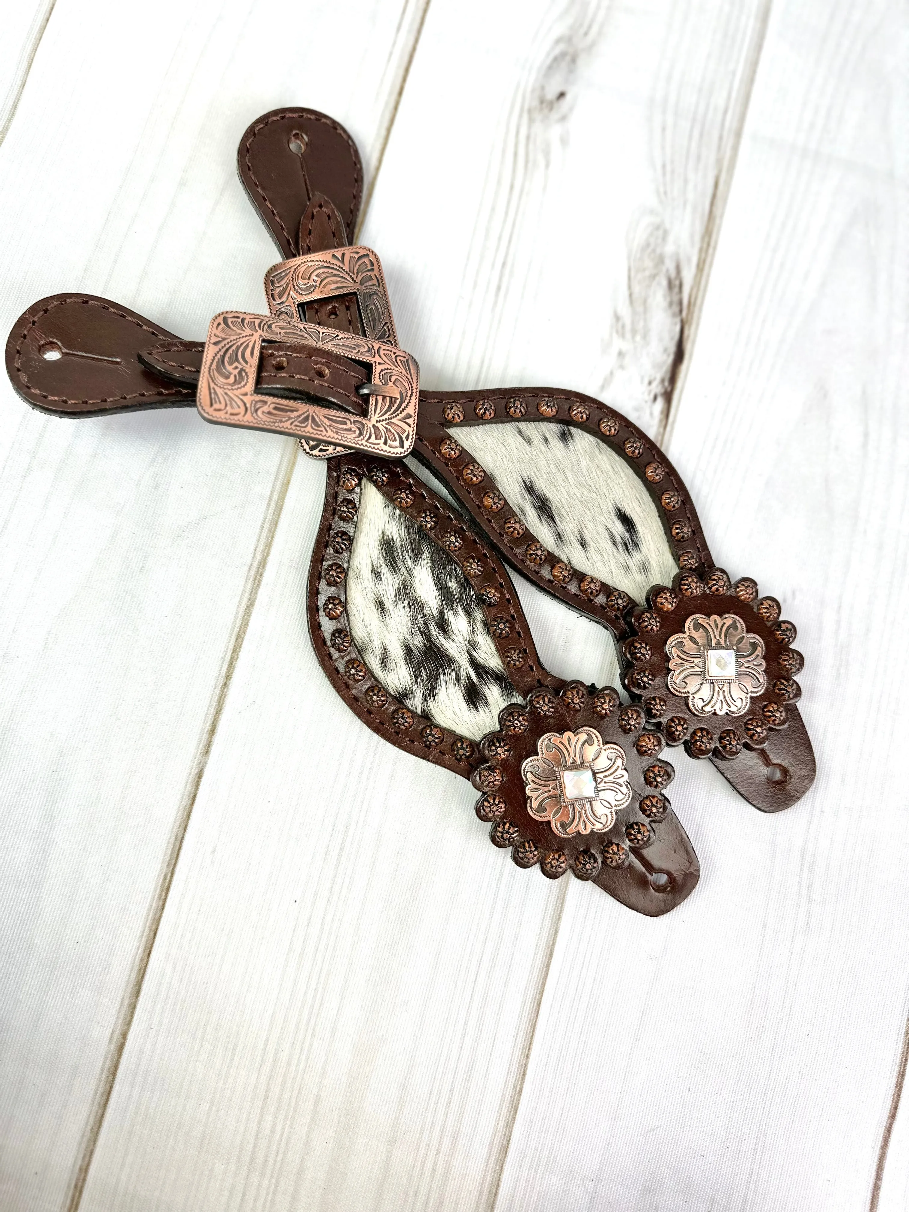 Vintage Copper Concho Leather and Cowhide Spur Straps