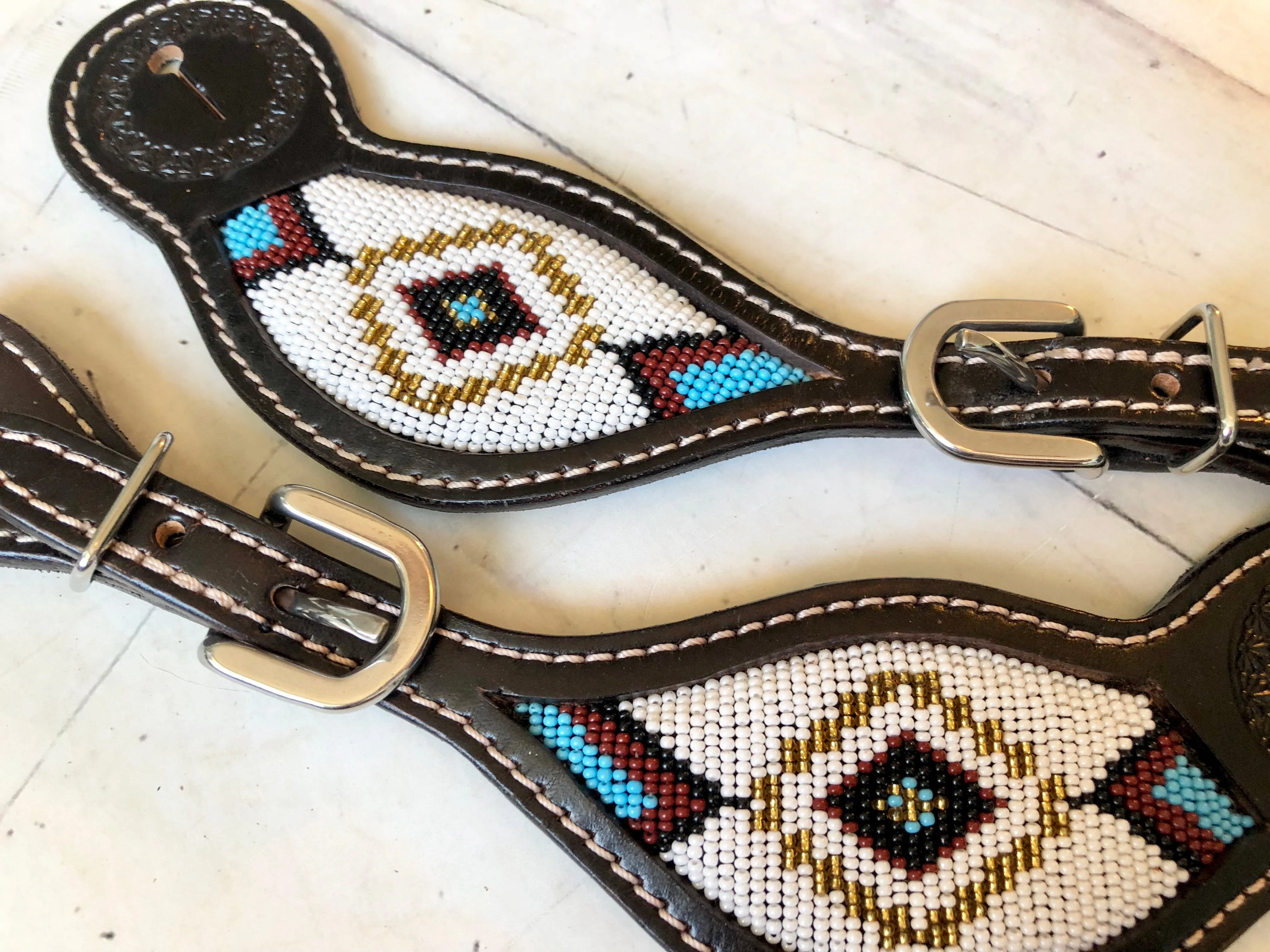 White & Blue Diamond Beaded Spur Straps