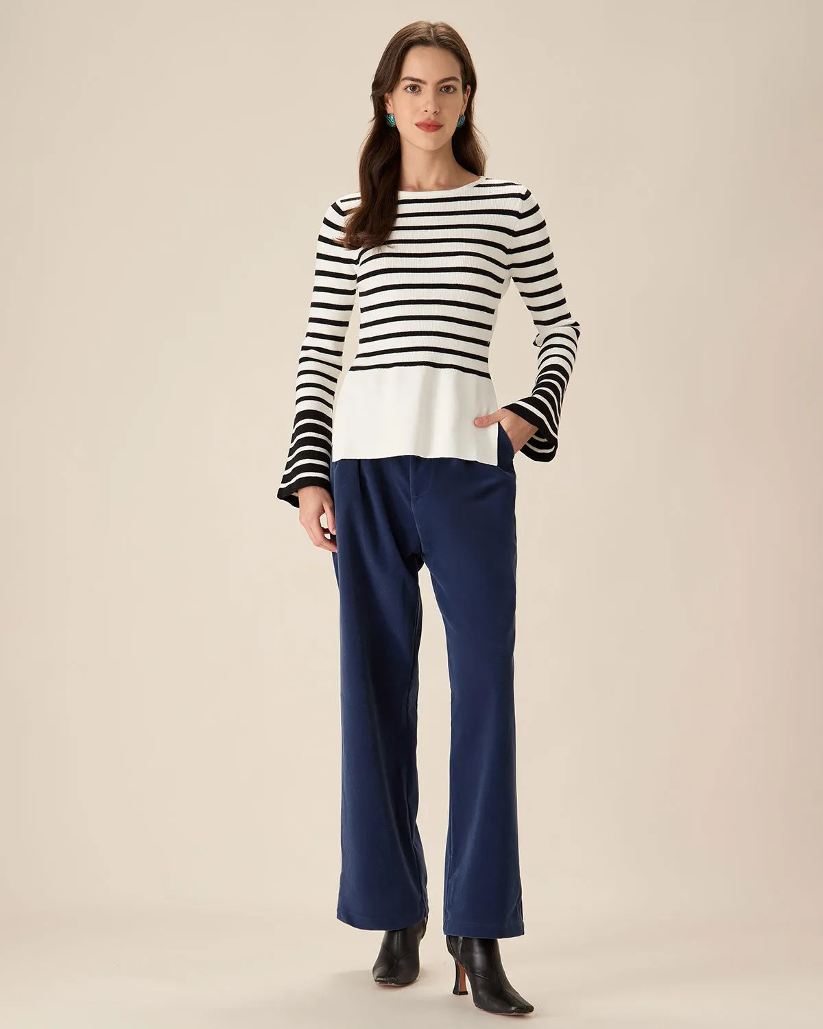 White Striped Boat Neck Sweater