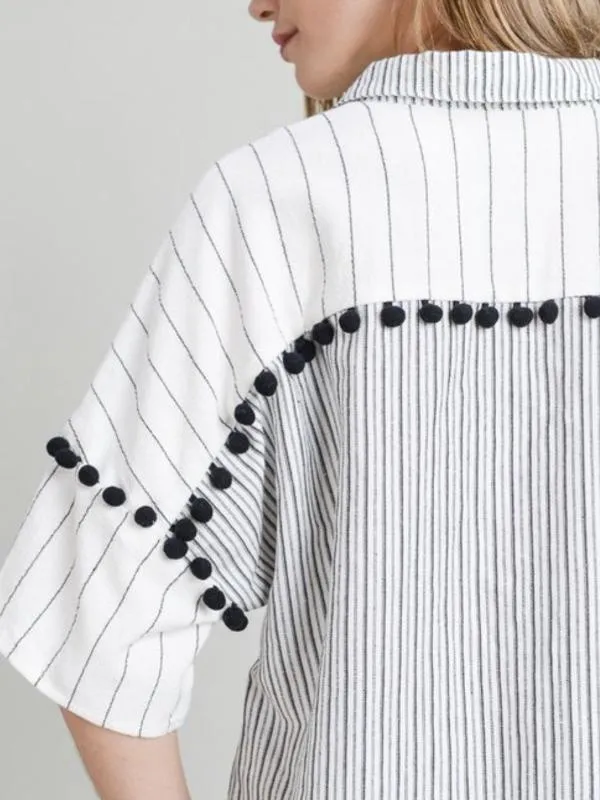 White/Black Linen Striped Pom Pom Detail Top