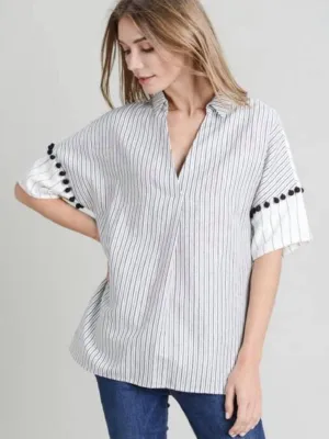 White/Black Linen Striped Pom Pom Detail Top