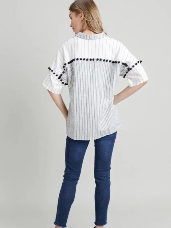 White/Black Linen Striped Pom Pom Detail Top