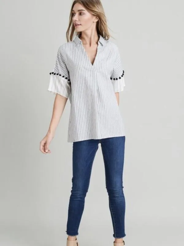 White/Black Linen Striped Pom Pom Detail Top