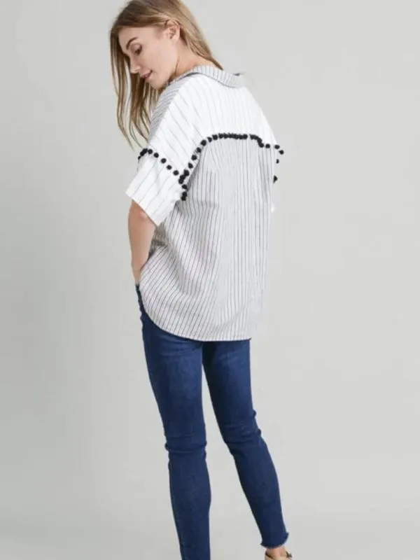 White/Black Linen Striped Pom Pom Detail Top