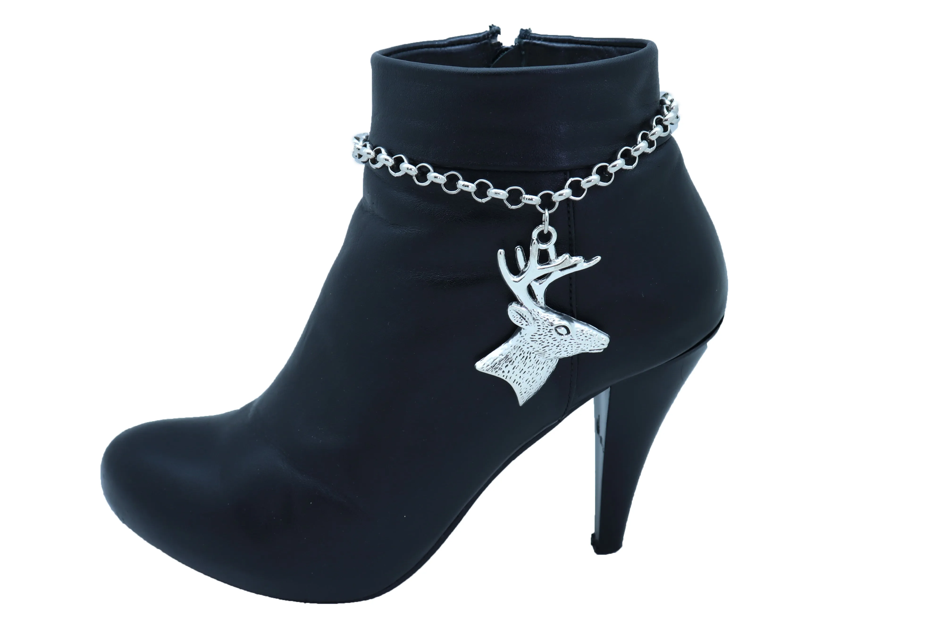 Women Boot Bracelet Silver Metal Chain Anklet Shoe Reindeer Charm Deer Winter
