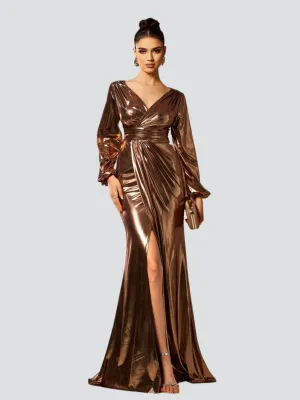 Wrap Long Sleeve Metallic Prom Dress RJ12035